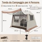 Costway Tenda da campeggio pop-up 2-4 persone 2 camere impermeabile, Tenda automatica con tettoia rimovibile e finestre e borsa - immagine 3