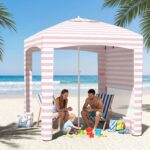 Costway Tenda da spiaggia con parete laterale rimovibile borsa portatile 4 sacchi e 4 ganci per appendere, Gazebo da esterno regolabile in altezza Rosa - immagine 2