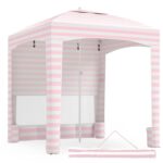 Costway Tenda da spiaggia con parete laterale rimovibile borsa portatile 4 sacchi e 4 ganci per appendere, Gazebo da esterno regolabile in altezza Rosa - immagine 3