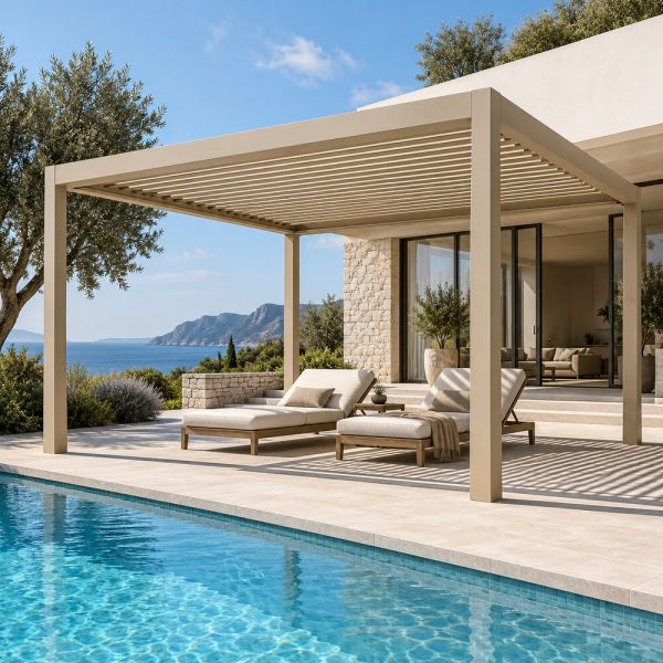 Pergola bioclimatica a bordo piscina &mdash; ambientazione illustrativa CIELIVA