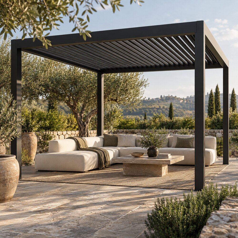 Pergola bioclimatica con zona relax — immagine dimostrativa Pergola bioclimatica con zona relax — ambientazione illustrativa CIELIVA