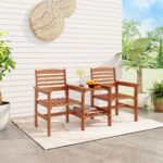 Costway Divano a 2 posti da esterno con tavolo, Set da conversazione in legno con tavolino e foro per ombrellone 159,5x61,5x88cm - immagine 2