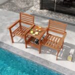 Costway Divano a 2 posti da esterno con tavolo, Set da conversazione in legno con tavolino e foro per ombrellone 159,5x61,5x88cm - immagine 3