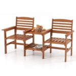 Costway Divano a 2 posti da esterno con tavolo, Set da conversazione in legno con tavolino e foro per ombrellone 159,5x61,5x88cm - immagine 5