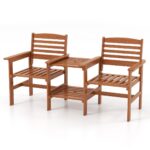 Costway Divano a 2 posti da esterno con tavolo, Set da conversazione in legno con tavolino e foro per ombrellone 159,5x61,5x88cm