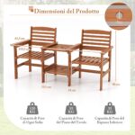 Costway Divano a 2 posti da esterno con tavolo, Set da conversazione in legno con tavolino e foro per ombrellone 159,5x61,5x88cm - immagine 6