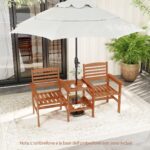 Costway Divano a 2 posti da esterno con tavolo, Set da conversazione in legno con tavolino e foro per ombrellone 159,5x61,5x88cm - immagine 7