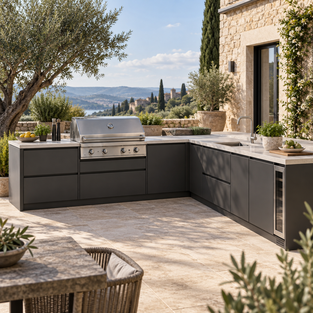 Cucina da esterno con barbecue — ambientazione illustrativa CIELIVA