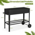 Costway Fioriera da esterno in metallo con ripiano ruote ganci e impugnatura, Aiuola rialzata per ortaggi fiori Nero - immagine 4