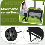 Costway Fioriera da esterno in metallo con ripiano ruote ganci e impugnatura, Aiuola rialzata per ortaggi fiori Nero - immagine 5