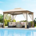 Costway Gazebo da patio tetto morbido a doppia copertura con 4 sacchetti di sabbia, Gazebo da patio 3 x 3,6 m per prato giardino all'aperto Sabbia - immagine 2