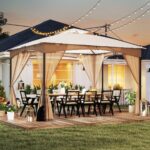 Costway Gazebo da patio tetto morbido a doppia copertura con 4 sacchetti di sabbia, Gazebo da patio 3 x 3,6 m per prato giardino all'aperto Sabbia - immagine 3