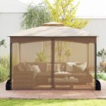Costway Gazebo da patio tetto morbido a doppia copertura con 4 sacchetti di sabbia, Gazebo da patio 3 x 3,6 m per prato giardino all'aperto Sabbia - immagine 4