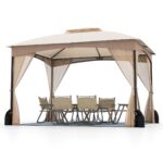 Costway Gazebo da patio tetto morbido a doppia copertura con 4 sacchetti di sabbia, Gazebo da patio 3 x 3,6 m per prato giardino all'aperto Sabbia