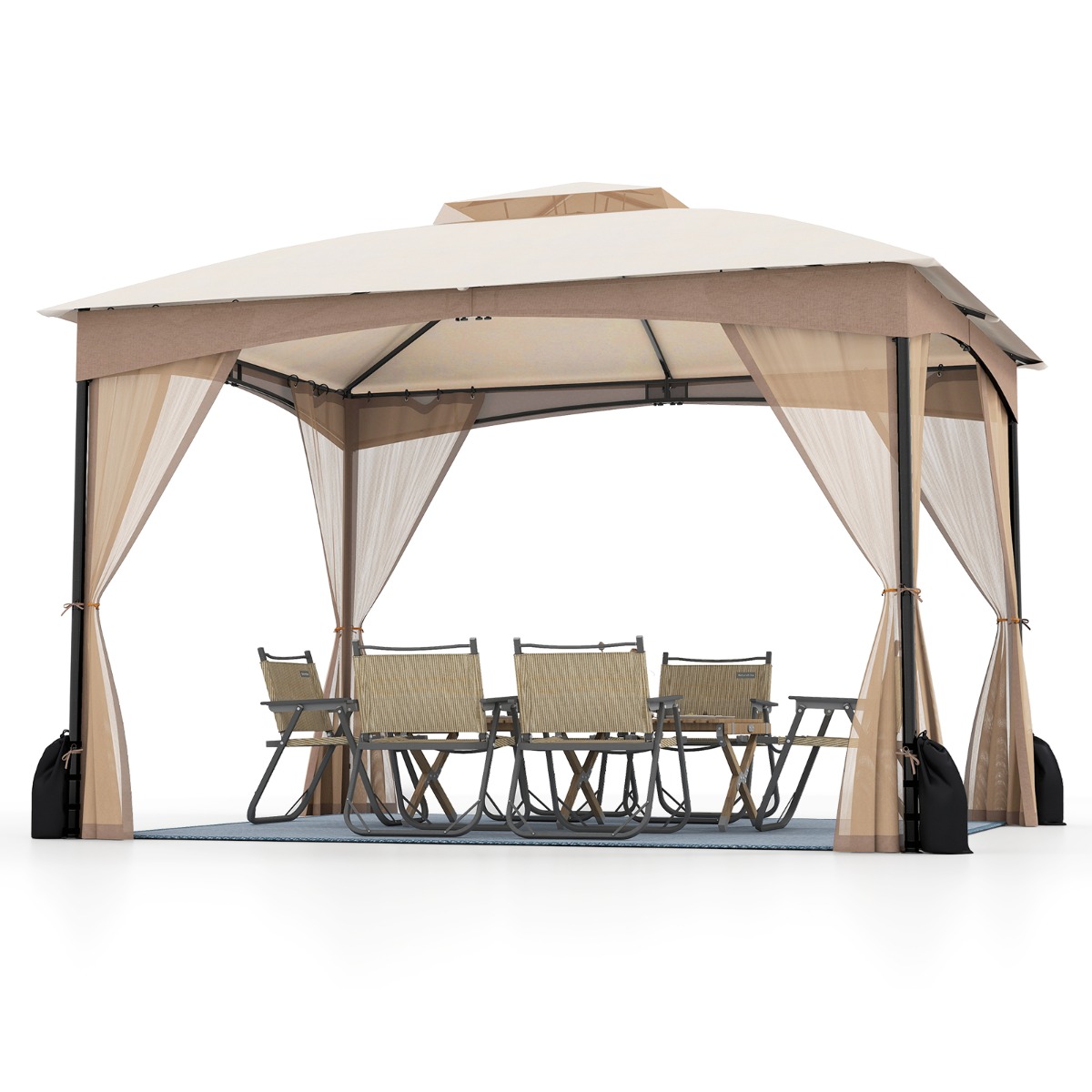 gazebo_da_patio-15163-_7_.jpg Costway Gazebo da patio tetto morbido a doppia copertura con 4 sacchetti di sabbia, Gazebo da patio 3 x 3,6 m per prato giardino all'aperto Sabbia - immagine 1