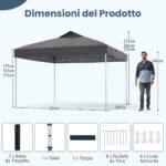 Costway Gazebo pieghevole per patio all'aperto con blocco centrale, Gazebo pop-up da 295 x 295 cm Grigio - immagine 5