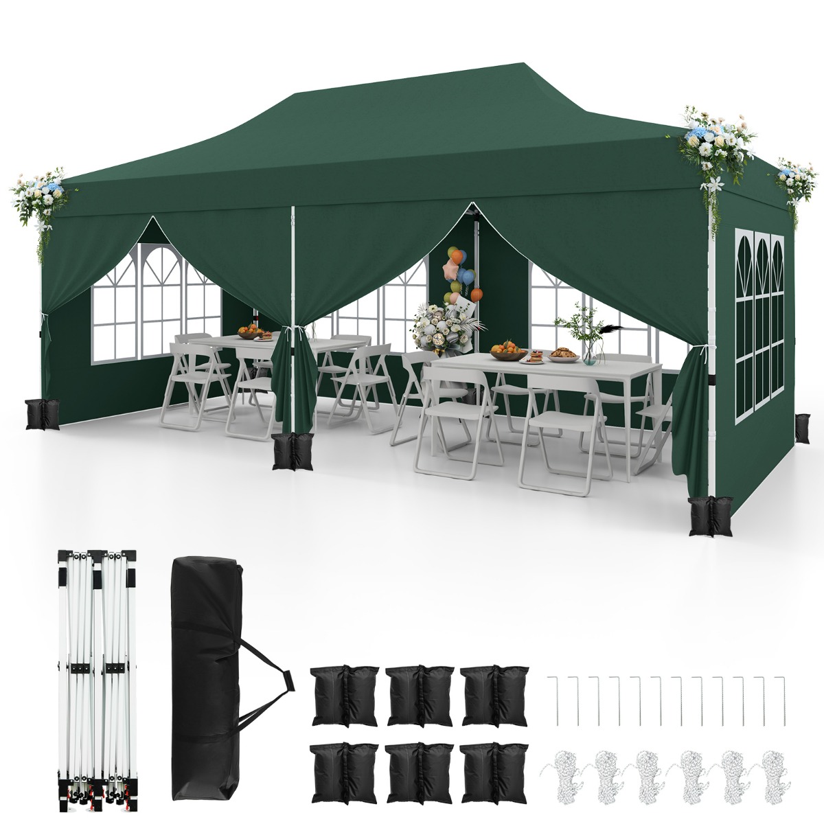 gazebo_pop-up-14885-_21_.jpg Costway Gazebo pop-up con 6 pareti laterali e ingressi con cerniera, Gazebo istantaneo portatile per festa e picnic 3 x 6 m Verde - immagine 1
