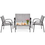 Costway Set mobili da giardino con 4 pezzi per chiacchierare, Sedie da cortile in ferro e tessuto a rete con tavolino in vetro, Grigio - immagine 5