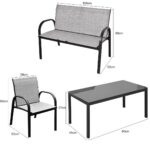 Costway Set mobili da giardino con 4 pezzi per chiacchierare, Sedie da cortile in ferro e tessuto a rete con tavolino in vetro, Grigio - immagine 6
