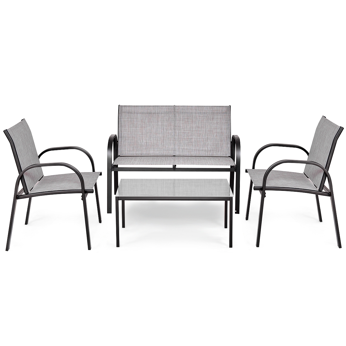 hw55457gr_-2.jpg Costway Set mobili da giardino con 4 pezzi per chiacchierare, Sedie da cortile in ferro e tessuto a rete con tavolino in vetro, Grigio - immagine 1