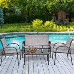 Costway Set mobili da giardino con 4 pezzi per chiacchierare, Sedie da cortile in ferro e tessuto a rete con tavolino in vetro, Grigio - immagine 2