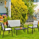 Costway Set mobili da giardino con 4 pezzi per chiacchierare, Sedie da cortile in ferro e tessuto a rete con tavolino in vetro, Grigio - immagine 4