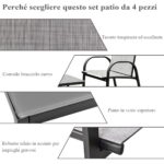 Costway Set mobili da giardino con 4 pezzi per chiacchierare, Sedie da cortile in ferro e tessuto a rete con tavolino in vetro, Grigio - immagine 8