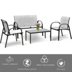 Costway Set mobili da giardino con 4 pezzi per chiacchierare, Sedie da cortile in ferro e tessuto a rete con tavolino in vetro, Grigio - immagine 7