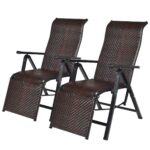 Costway 2 sedie pieghevoli e reclinabili in rattan con schienale regolabile, Sedia a sdraio da esterno con braccioli
