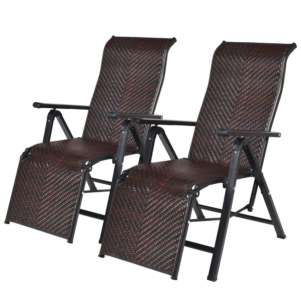 hw64433-2_5_.jpg Costway 2 sedie pieghevoli e reclinabili in rattan con schienale regolabile, Sedia a sdraio da esterno con braccioli - immagine 1