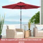 Costway Ombrellone con luci LED da giardino in ferro Ø300cm Parasole da esterno spaggia Rosso Bordeaux - immagine 3