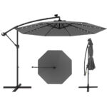 Costway Ombrello solare da 300 cm con 40 lampadine e pannello solare, Ombrello con regolazione facile Grigio