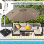Costway Ombrellone da giardino 339cm con rotazione a 360° inclinazione regolabile, Ombrellone a sbalzo rotondo Marrone - immagine 4