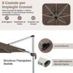 Costway Ombrellone da giardino 339cm con rotazione a 360° inclinazione regolabile, Ombrellone a sbalzo rotondo Marrone - immagine 9