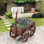 Costway Vaso da fiori in legno con 4 ruote, Fioriera a forma di carro con maniglia e foro di drenaggio - immagine 4