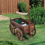 Costway Vaso da fiori in legno con 4 ruote, Fioriera a forma di carro con maniglia e foro di drenaggio - immagine 2