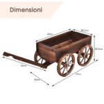 Costway Vaso da fiori in legno con 4 ruote, Fioriera a forma di carro con maniglia e foro di drenaggio - immagine 6