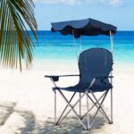 Costway Sedia da campeggio pieghevole con parasole, supporto reclinabile 120kg, Sedia da spiaggia portatile con portabicchieri, blu - immagine 3