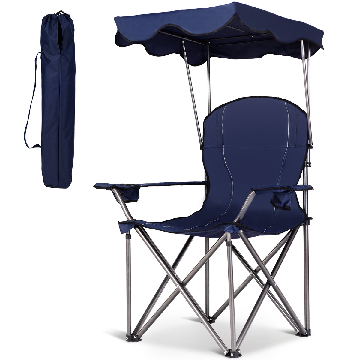 op3640bl-_1_-22.jpg Costway Sedia da campeggio pieghevole con parasole, supporto reclinabile 120kg, Sedia da spiaggia portatile con portabicchieri, blu - immagine 1