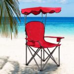 Costway Sedia da campeggio pieghevole con parasole, supporto reclinabile 120kg, Sedia da spiaggia portatile con portabicchieri, rosso - immagine 2