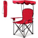 Costway Sedia da campeggio pieghevole con parasole, supporto reclinabile 120kg, Sedia da spiaggia portatile con portabicchieri, rosso - immagine 7