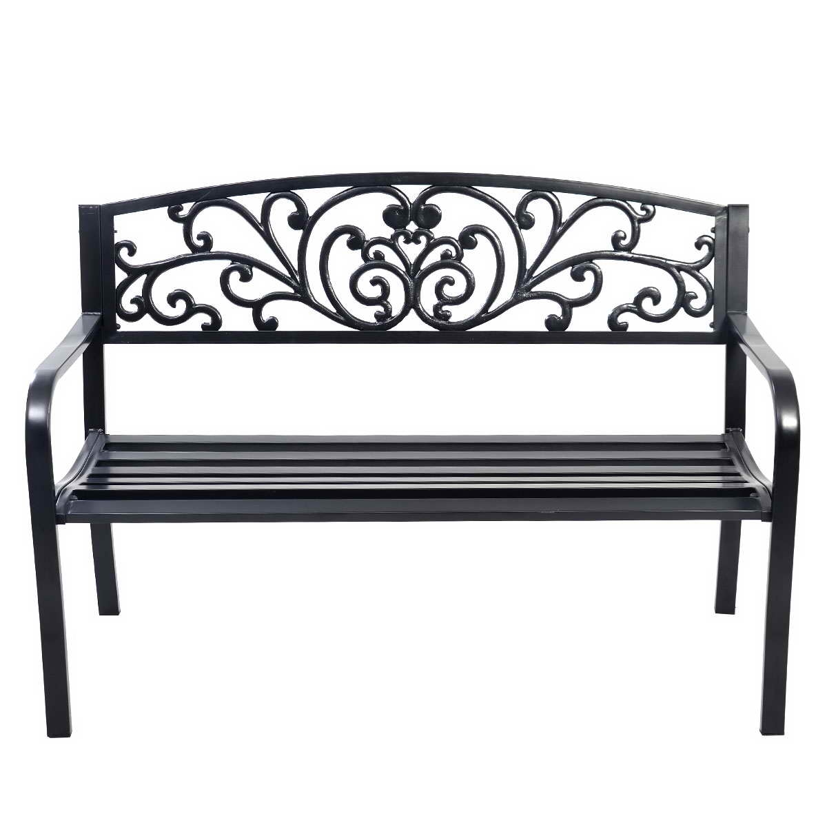 op70534_5__1.jpg Costway Panca elegante da giardino con schienale per esterno, Panchina in ghisa con braccioli 126x60x85cm Nero - immagine 1