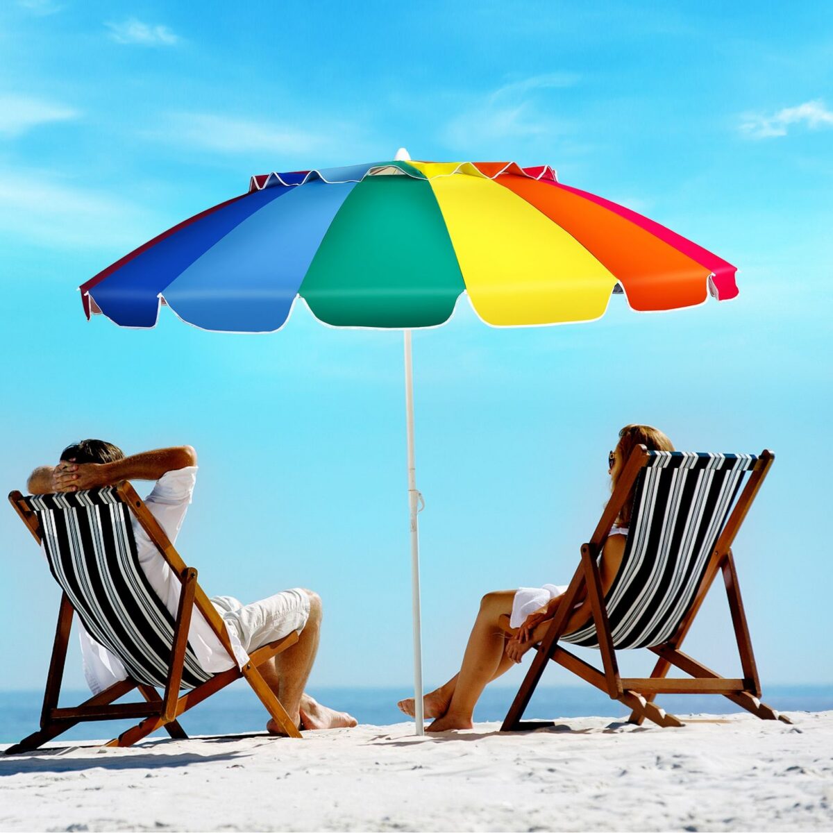 Costway Ombrellone 2,43m da spiaggia con protezione solare UPF50+ inclinato, Ombrellone portatile da esterno Colorato - immagine 3