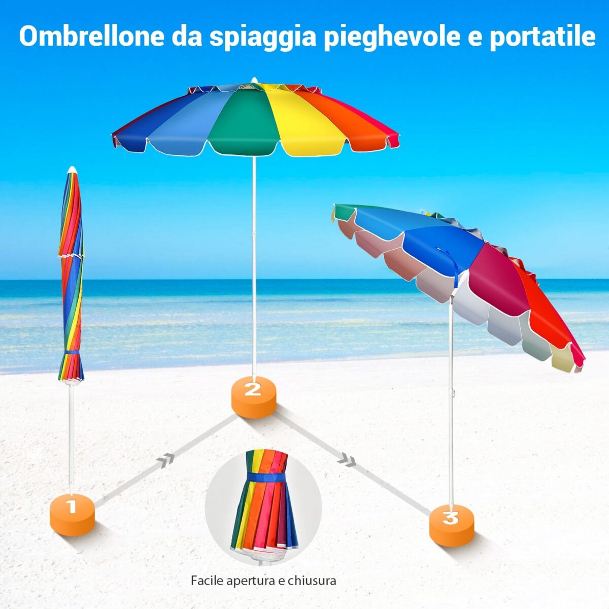 Costway Ombrellone 2,43m da spiaggia con protezione solare UPF50+ inclinato, Ombrellone portatile da esterno Colorato - immagine 4