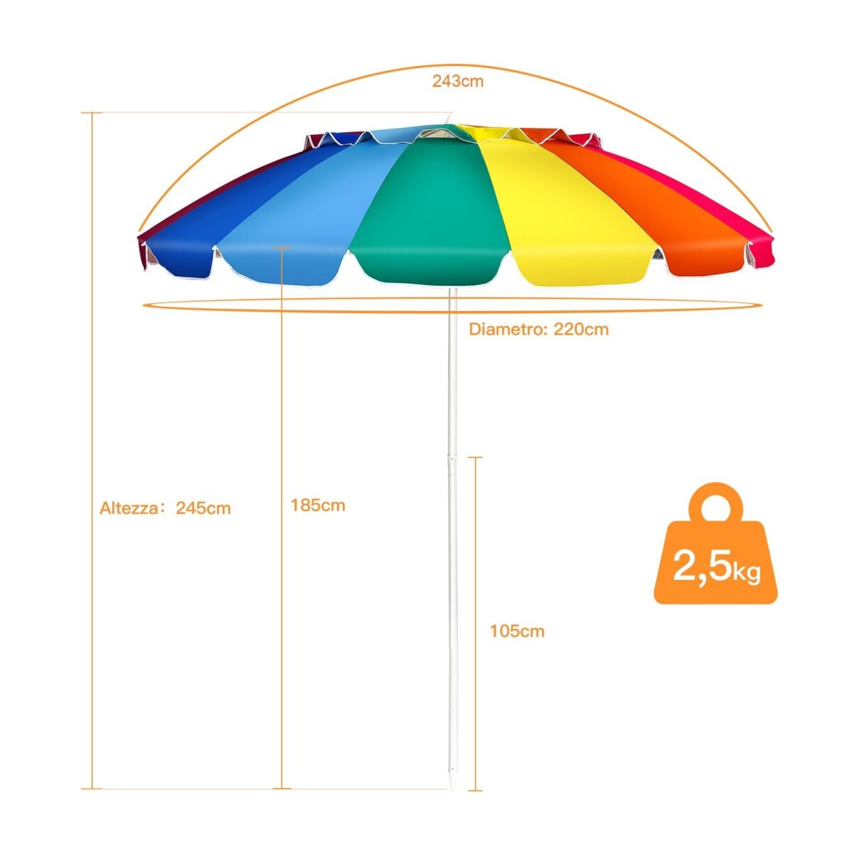 Costway Ombrellone 2,43m da spiaggia con protezione solare UPF50+ inclinato, Ombrellone portatile da esterno Colorato - immagine 5