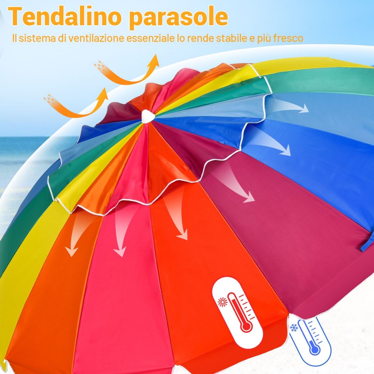 Costway Ombrellone 2,43m da spiaggia con protezione solare UPF50+ inclinato, Ombrellone portatile da esterno Colorato - immagine 9