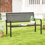 Costway Panchina da giardino per 2 persone con schienale traforato e seduta a doghe, Sedia in metallo lunga 127cm Nero - immagine 3