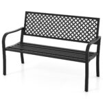 Costway Panchina da giardino per 2 persone con schienale traforato e seduta a doghe, Sedia in metallo lunga 127cm Nero