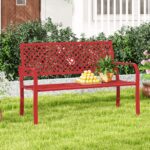Costway Panchina da giardino per 2 persone con schienale traforato e seduta a doghe, Sedia in metallo lunga 127cm Rosso - immagine 3