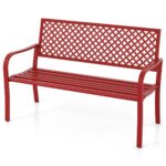 Costway Panchina da giardino per 2 persone con schienale traforato e seduta a doghe, Sedia in metallo lunga 127cm Rosso
